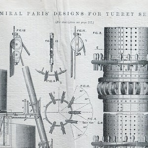 May include: Detailed black and white illustration of Admiral Paris' designs for turret ships. The image includes various diagrams and technical drawings, with labels such as "FIG. 1" and "FIG. 2". The text "ADMIRAL PARIS' DESIGNS FOR TURRET SHIPS" is at the top.
