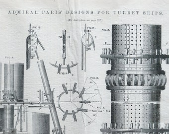 1872 Large Antique Print of Turret Ships - Print no. 2 - Victorian Engineering Print - April 12, 1872