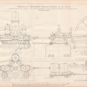 Large Antique Print of a Horizontal High-speed Pumping Engine at St. Maur - 1878 3- panel Technical Drawing - July 26, 1878