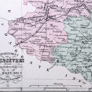 1800 Antike Karte von Deux-Sevres, Frankreich - Einschub von Niort - Französische Karte - Handkolorierte Vintage Karte von Deux-Severes