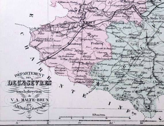 1800 年代のフランス、ドゥー・セーヴルのアンティーク マップ