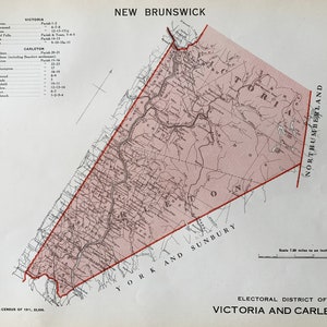 Peut inclure: Une carte ancienne du district électoral de Victoria et Carleton au Nouveau-Brunswick, Canada. La carte, ombrée de rose, présente des informations géographiques détaillées, notamment les rivières et les villes. Le texte comprend le recensement de la population de 1911.