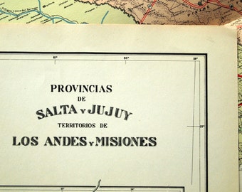 1938 Rzadka, limitowana edycja plakatowa w formacie Vintage Mapa Salta, Jujuy, Los Andes i Misiones, Argentyna
