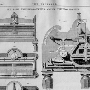 1867 Antique Print of a Matrix Printing Machine - Paris Exhibition - Victoria-era Engineering Drawing - April 26, 1867