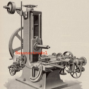 May include: A black and white illustration of a large industrial gear-cutting machine. The machine has a vertical column with a horizontal arm extending to the right. The arm has a series of gears and a chain drive. The machine is labeled "EBERHARDT'S UNIVERSAL AUTOMATIC GEAR-CUTTING MACHINE. CONSTRUCTED BY MESSRS. JOHN LANG AND SONS, ENGINEERS, JOHNSTONE, NEAR GLASGOW."