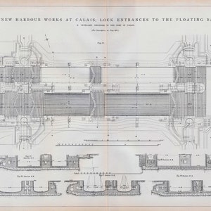 1889 Großer Antiker Druck der Neuen Hafenarbeiten in Calais - Schleusentore der Becken - 2-teiliger Entwurf vom 31.Mai 1889