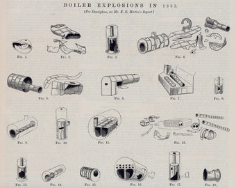1886 Antique Engineering Drawing - Boiler Explosions in 1885 - Victorian Technical Illustration - March 26, 1886