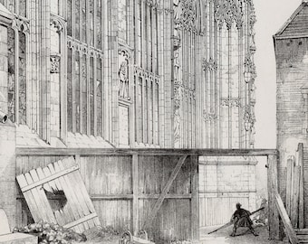 Großer Antiker Druck, der die Kathedrale von Amiens zeigt - Nordseite des Kirchenschiffs - Platte 1 - 1872 Architekturzeichnung