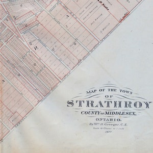 Grande carte vintage rare de 1878 de Strathroy, comté de Middlesex, Ontario, Canada - Coloriée à la main