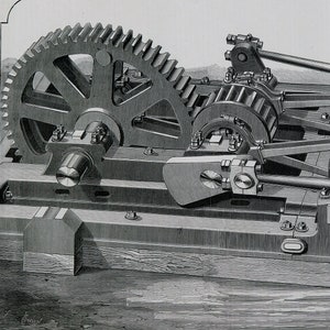 May include: A black and white illustration of a complex gear system with multiple cogs and levers. The gears are connected by rods and shafts, and the system appears to be part of a larger machine.