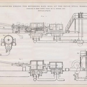 May include: A black and white technical drawing of a compound engine for reversing rail mill at the Eston Steel Works, constructed by  Messrs.  Tannet, Walker, and Co., Engineers, London. The drawing shows a side view of the engine with various components labeled.