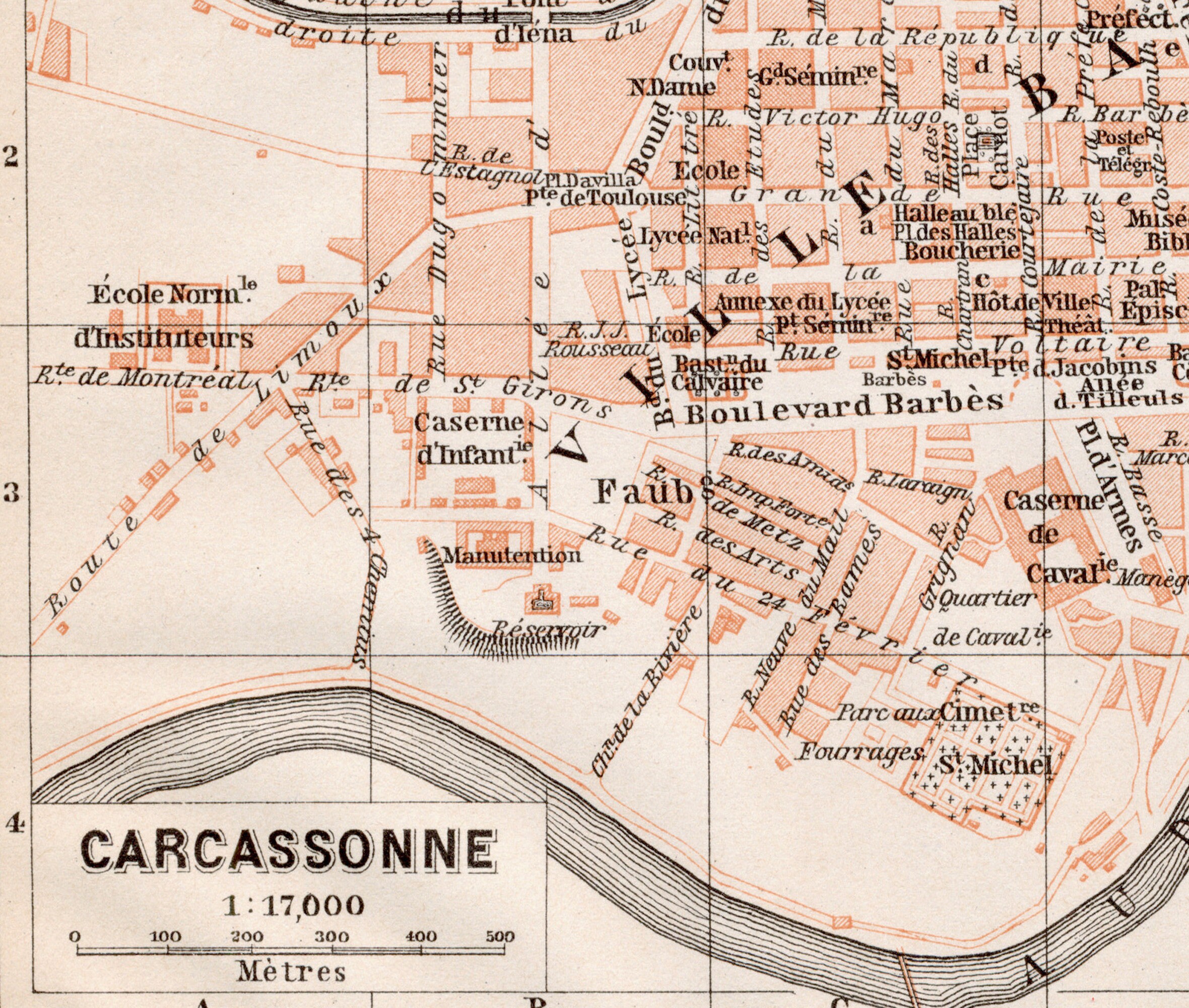 Antique Map of Carcassonne, France - Small 1907 City Map