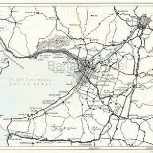 1965 Vintage Map of the Osaka Bay Area, Japan