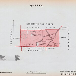 Carte ancienne de Sherbrooke, Québec, Canada - Carte électorale vintage de 1915 - Série It's Where You Live - LDN