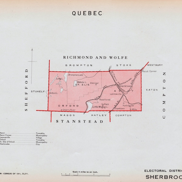 Antique Map of Sherbrooke, Quebec, Canada - 1915 Vintage Electoral Map - It's Where You Live Series - LDN