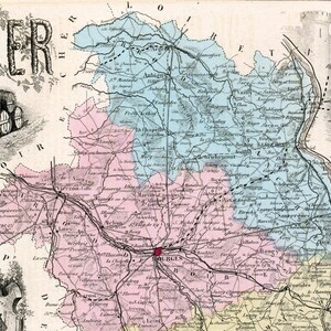 1883 Antike Karte von Cher, Frankreich - Vintage illustrierte Karte - handkoloriert - Wohnkultur