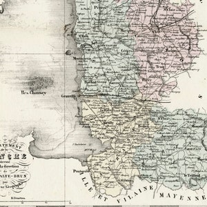 1800er Jahre Antike Karte von Manche, Frankreich - Einschub von Saint-Lô - handkolorierte französische Karte