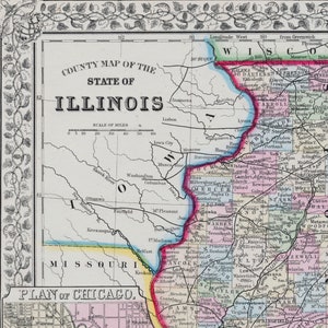 1867 Antique Mitchell Karte von Illinois - Seltene handkolorierte Karte von Chicago