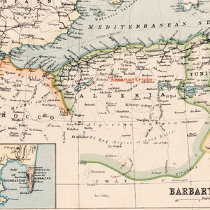 Ancienne carte de l'Espagne et du Portugal - Barbarie - Côte berbère - Maroc - Algérie - Tunisie - env. 1890