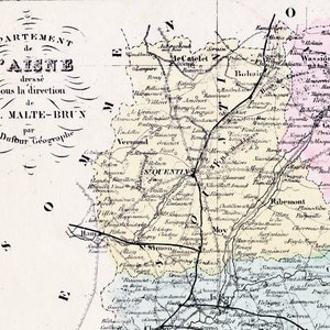 Ancienne carte de l'Aisne, France - avec encadré représentant Laon - coloriée à la main - carte vintage française des années 1800