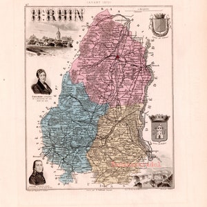 Antike Karte von Haut-Rhin, Frankreich - Handkoloriert - 1883 Illustrierte Karte - Belfort - Home Decor