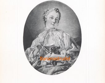 Woman with Pug  - Antique Print from Painting by F. Boucher - Published 1906