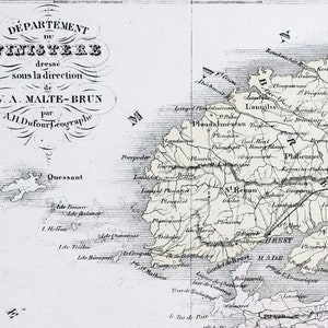 Ancienne carte française des années 1800 du Finistère, France - encart de Quimper - coloriée à la main - carte du Finistère coloriée à la main vintage