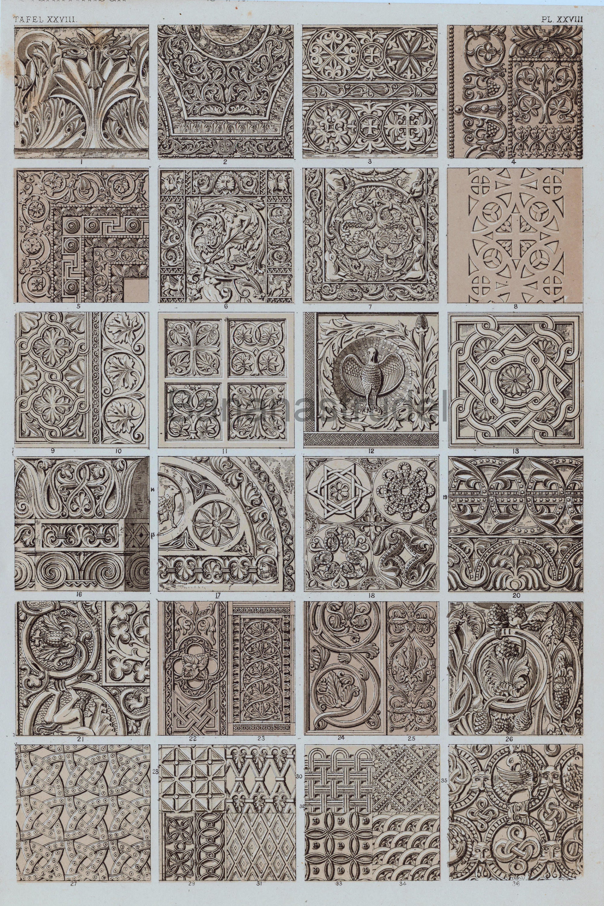 ２冊 ラシネꕤ世界装飾 ORNEMENT OWEN JONES 模様 図案 装飾 Antique Owen Jones Print - Byzantine No. 1 - Plate 28 - Rare 1865