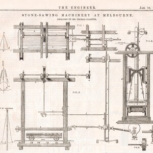 May include: A black and white illustration of a stone-sawing machinery design. The illustration shows four different views of the machinery, labeled as Fig. 1, Fig. 2, Fig. 3, and Fig. 4. The text "STONE-SAWING MACHINERY AT MELBOURNE. DESIGNED BY MR. THOMAS GLAISTER" is at the top of the illustration.