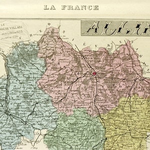 1883 Antike Karte von Allier, Frankreich - Vintage illustrierte Karte - handkoloriert - Wohnkultur
