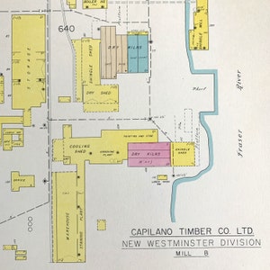 May include: A diagram of a timber mill with various buildings labelled, including a cooling shed, dry kilns, and a shingle shed. The text "CAPILANO TIMBER CO. LTD. NEW WESTMINSTER DIVISION MILL B" is at the bottom of the diagram.