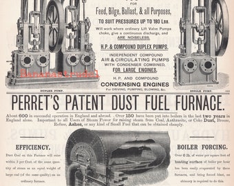Page of Antique Advertisements for Duplex Steam Pumps, Dust Fuel Furnace - Published 1889
