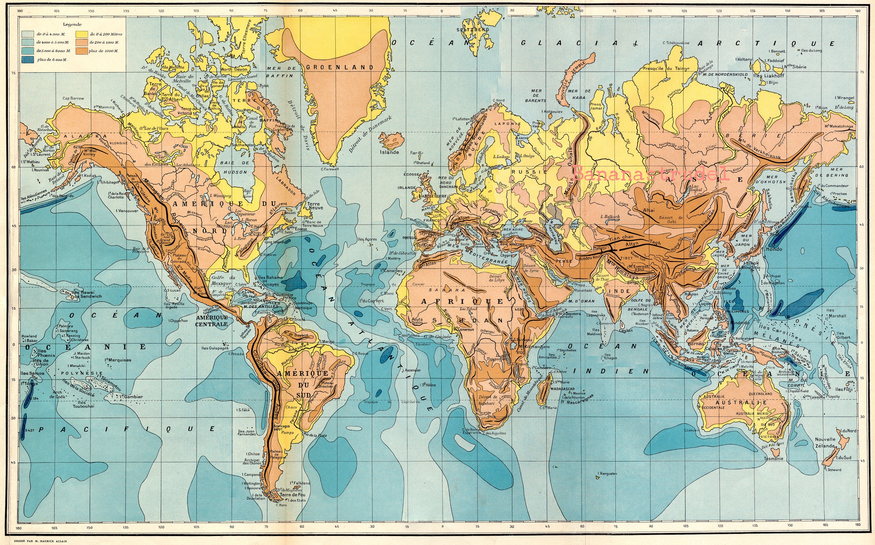 アンティーク世界地図 - 1923年版大型地形図 - 気候 - 植生 - 海流