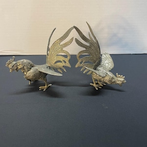 VINTAGE Silver Metal Cockerel FIGHTING ROOSTERS