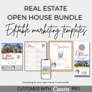 Real Estate Open House Bundle | Social Media Designs, Flyer, Sign-In Sheet, Welcome Sign & Door Hanger | Editable Canva Templates