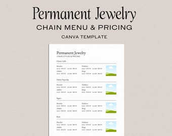 Plantilla de menú para cadena de joyería permanente: lista de precios editable en Canva