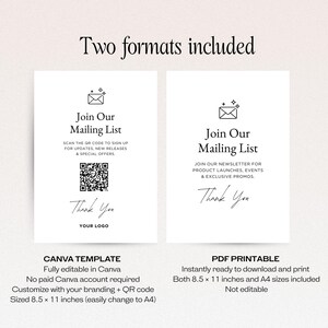 Puede incluir: Dos plantillas imprimibles blancas con el texto "Join Our Mailing List". Una incluye un c&oacute;digo QR. Las plantillas miden 21,6 x 27,9 cm y tama&ntilde;o A4. El texto incluye "Thank You" y "Your Logo".
