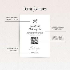 Puede incluir: Una tarjeta blanca con el texto "Join Our Mailing List" y un c&oacute;digo QR. La tarjeta tambi&eacute;n incluye las frases "Icono original llamativo", "Tipograf&iacute;a clara y moderna" e "Inserte su propio c&oacute;digo QR". Las palabras "Thank You" tambi&eacute;n est&aacute;n presentes.