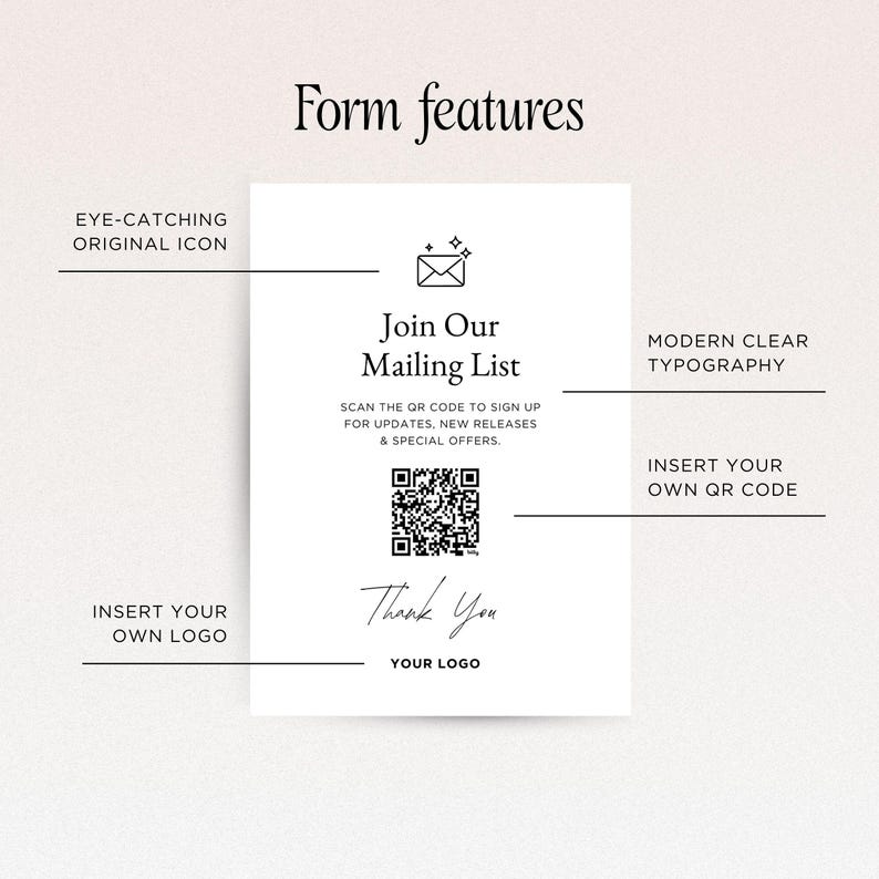 Puede incluir: Una tarjeta blanca con el texto "Join Our Mailing List" y un c&oacute;digo QR. La tarjeta tambi&eacute;n incluye las frases "Icono original llamativo", "Tipograf&iacute;a clara y moderna" e "Inserte su propio c&oacute;digo QR". Las palabras "Thank You" tambi&eacute;n est&aacute;n presentes.