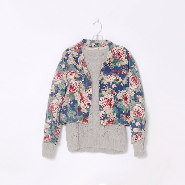 90s medie dimensioni floreale JEAN giacca / / 90s giacca, ritagliata giacca jean, giacca, giacca di jeans di cotone, stampa floreale, silenziato colori, 90s grunge