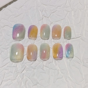 Rainbow Ombre Acrylic Cat Eye Nail/Candy Color Nail/Handmade Press on Nail/Cute Short Nail/Simple Pretty Nail/Summer Bright Colorful Nail