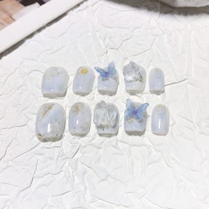 Simple Butterfly Nail/Glitter Blue Tie Dye Nail/Cute Short Coffin Nail/Handmade Press on Nail/Trendy Popular Nail/Fashion Cool Nail Gift