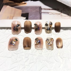 Exquisite Crystal Butterfly Nail/Cute Short Acrylic Nails/Handmade Press on Nails/Cool Ombre Black Nails/Lovely Y2k Glitter Nail