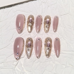 Pink Glitter Nail/Cat Eye Nail/Long Almond Nail/Handmade Press on Nails/Light Pink and Gold Nails/Easy French Tip Valentine Nails/Party Nail
