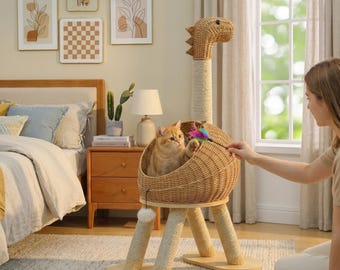Cat Climbing Tower, Rattan Cat House with Scratcher