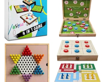 4-in-1 Wooden Board Games Box – Chinese Checkers, Ludo, Tic Tac Toe & Sling Puck |  Family Reunion Game | Night Fun Games for All Ages
