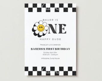 Een gelukkige kerel, verjaardagsuitnodiging, eerste verjaardag, deel verjaardag jongen, babyverjaardag, uitnodigingssjabloon, afdrukbaar