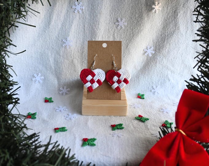 Danish woven heart earrings; crochet lightweight, hypoallergenic Christmas jewelry
