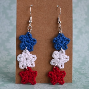 Patriotic Earrings,Labor Day Earrings,Crochet Earrings, Star Earrings, Red White and Blue Earrings, Hypoallergenic, Summer Earrings