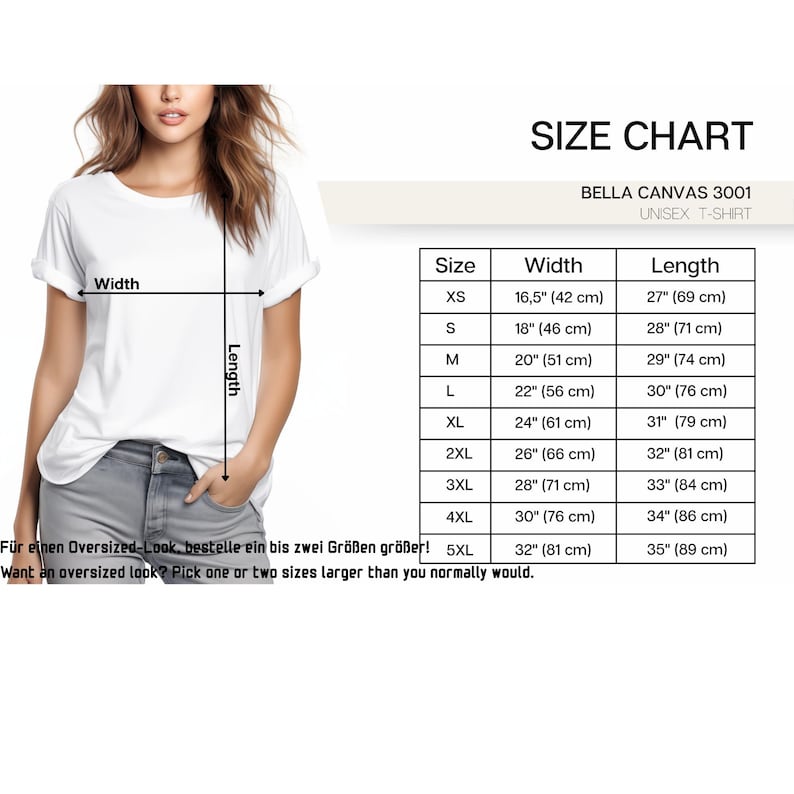 Pode incluir: Uma camiseta unissex branca Bella Canvas 3001 com uma tabela de tamanhos. A tabela lista os tamanhos XS a 5XL, com as medidas de largura e comprimento correspondentes em cent&iacute;metros. O texto aconselha a pedir um ou dois tamanhos maiores para um look oversized.